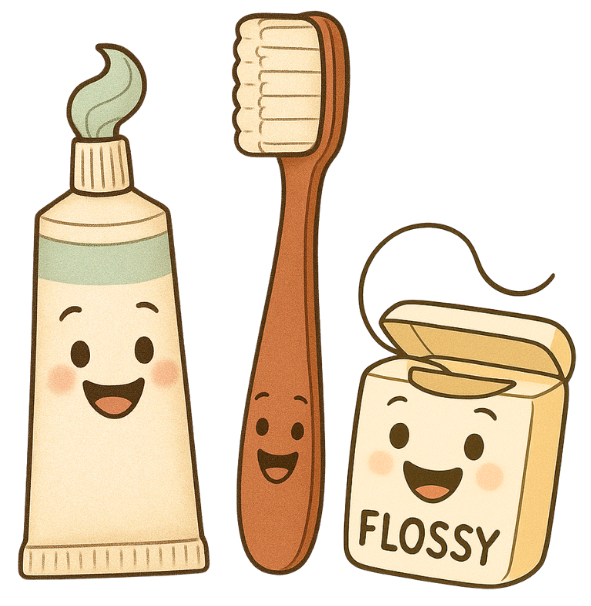 Animation of smiling toothpaste, toothbrush and floss