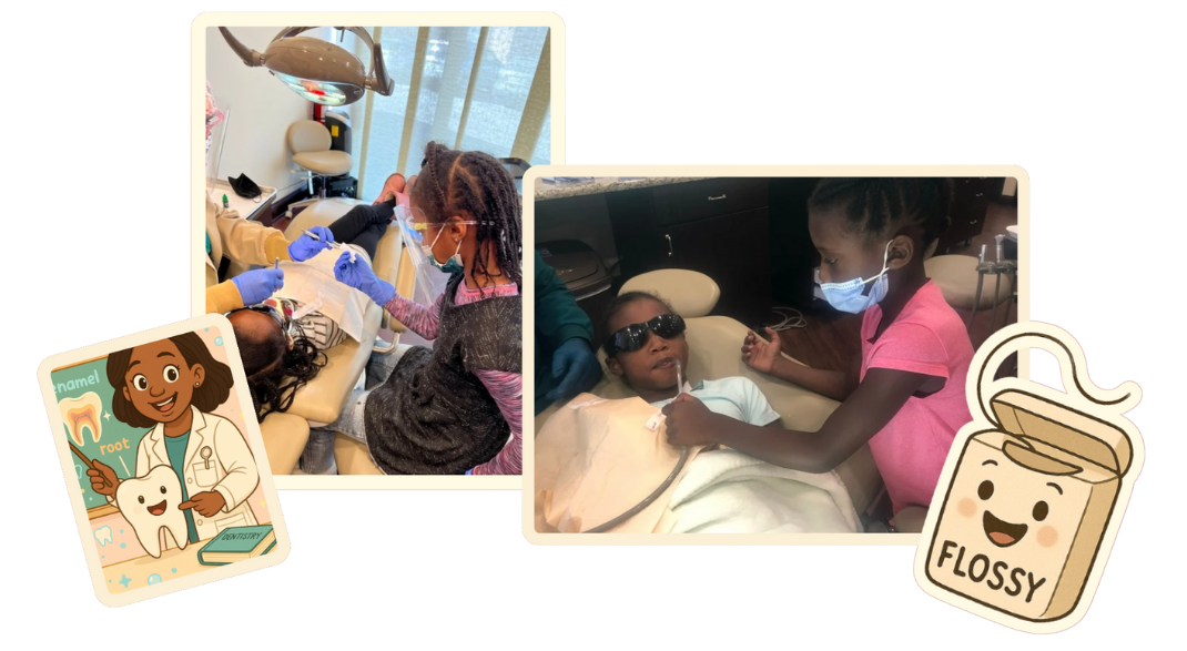 Photos of children with Dr. Ayanna learning about dentistry